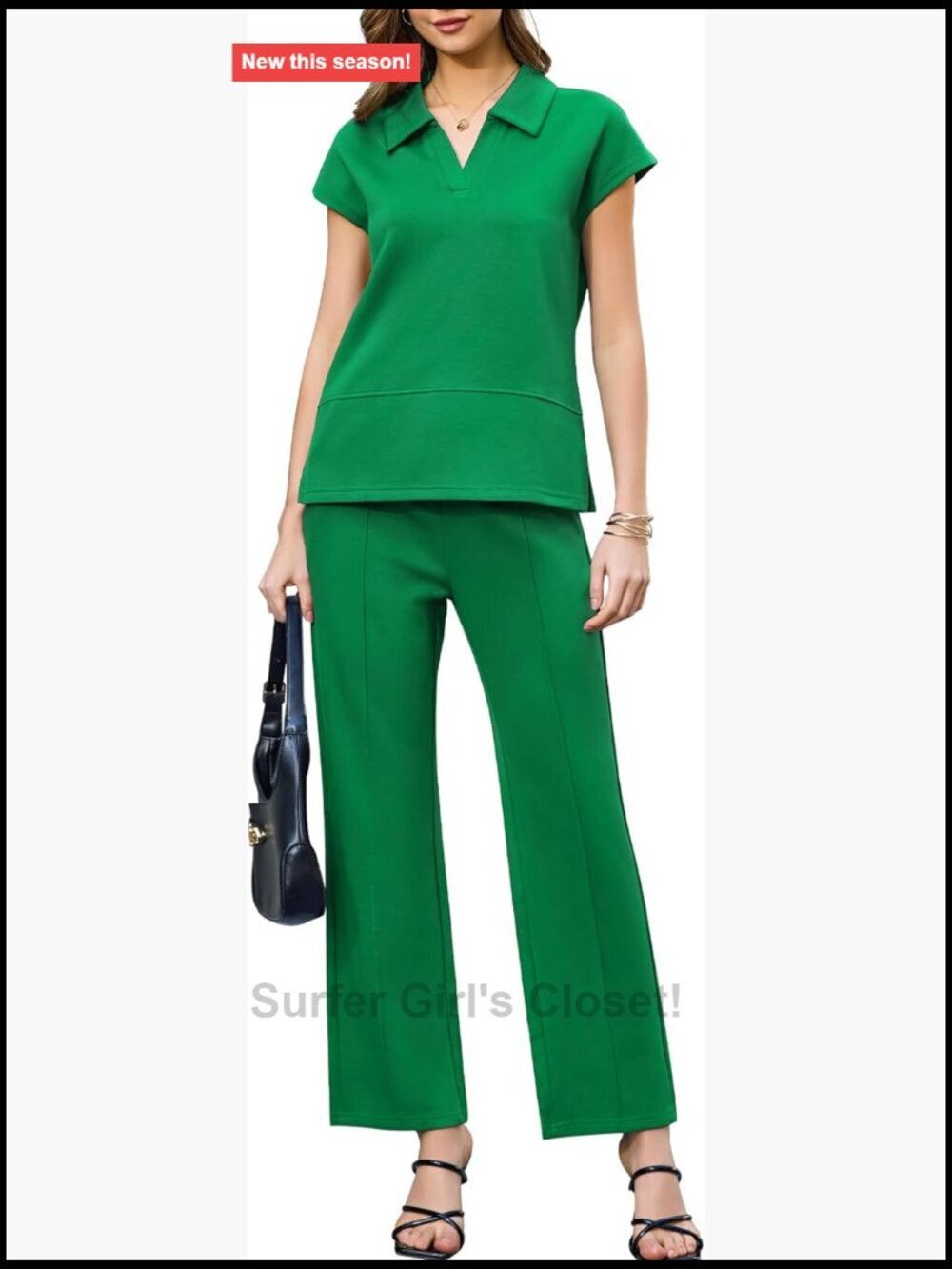2 Piece Lounge Set Short Sleeve Polo Tops Wide Leg Pants Side Slit Travel Outfit